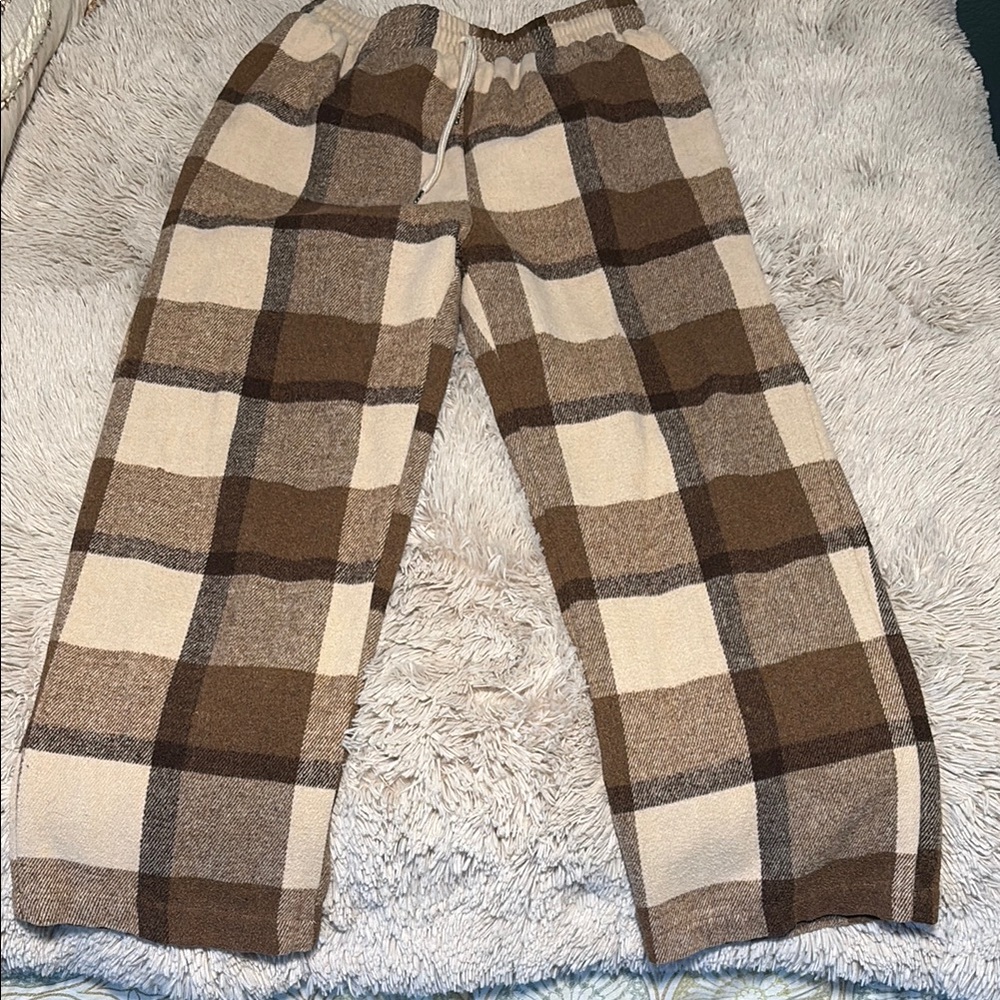 Plaid Lounge Pants in Brown and Cream